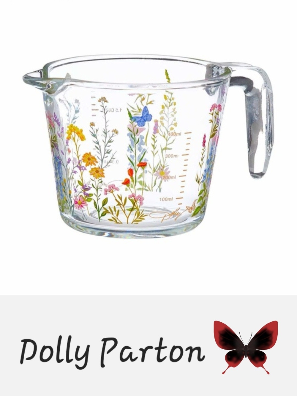Dolly Parton Floral Glass Measuring Cup - Clear with Multicolor Garden Print